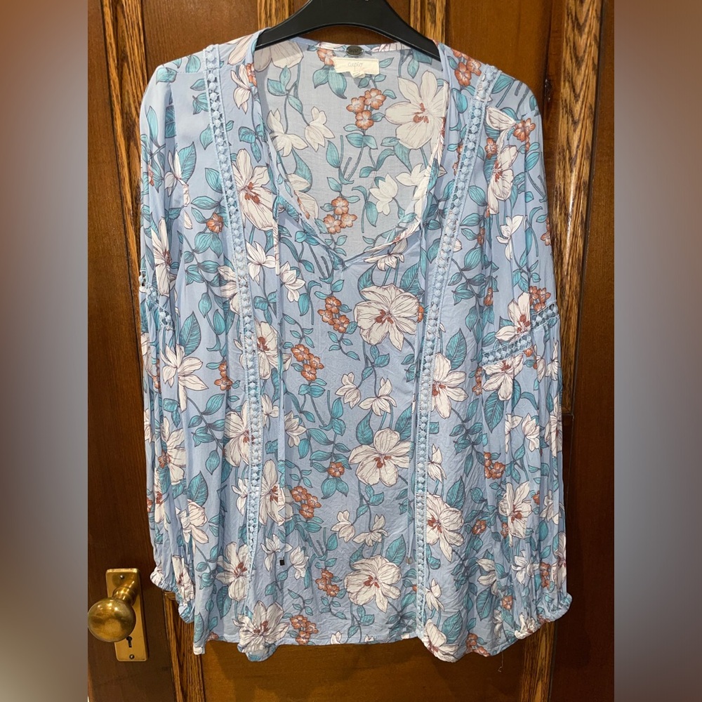 CUPIO Blue Floral Peasant Blouse EUC M